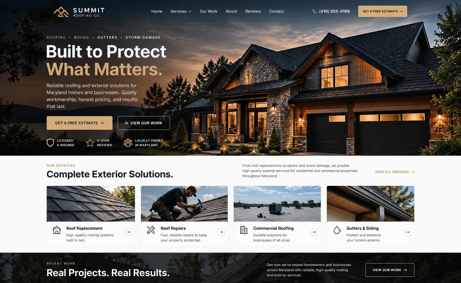 After: the same business rebuilt — a dark photographic hero, a clear headline, a prominent Get a Free Estimate button and trust points.