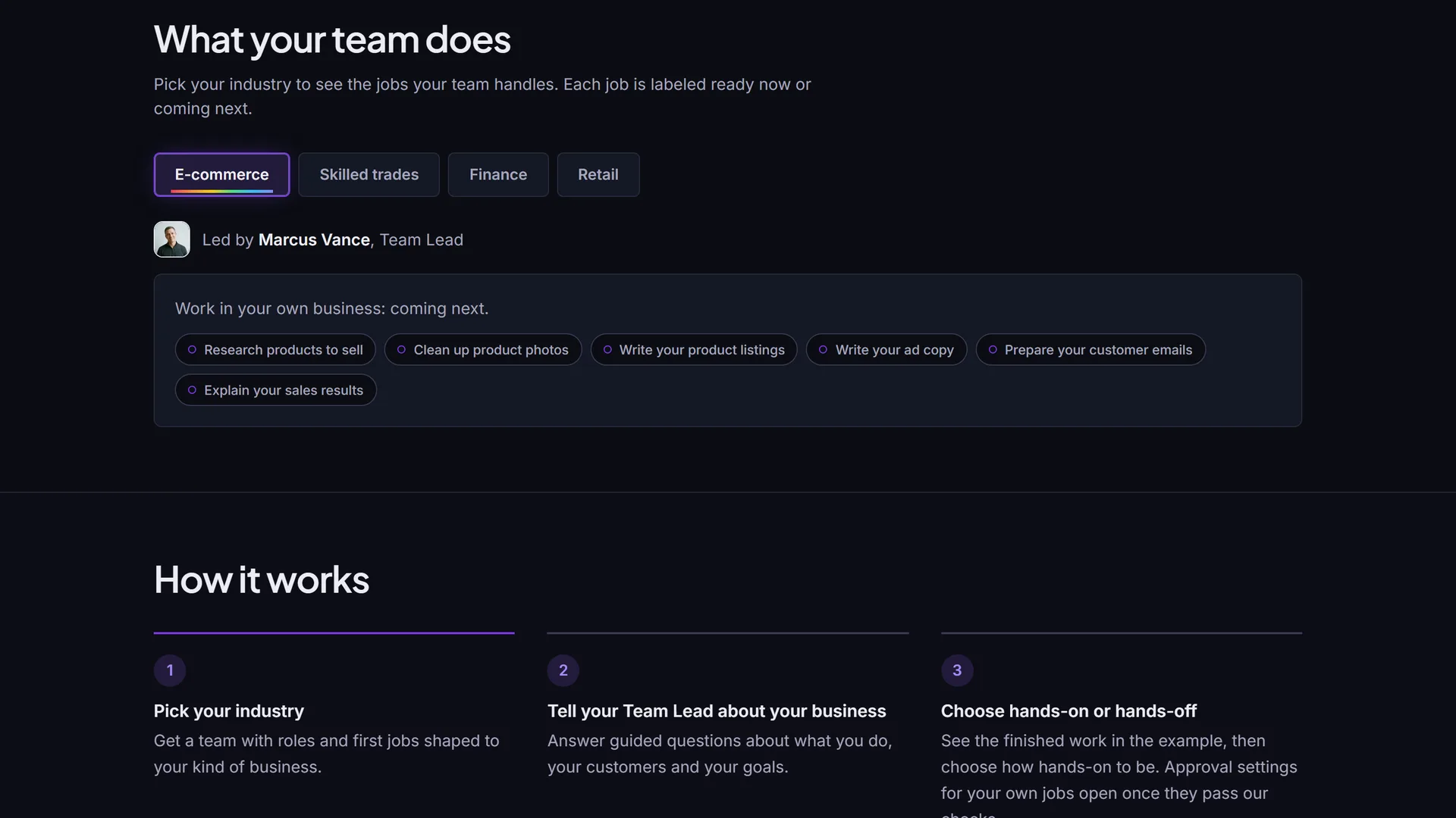 Prism’s “What your team does” section with industry tabs and the three-step “How it works”