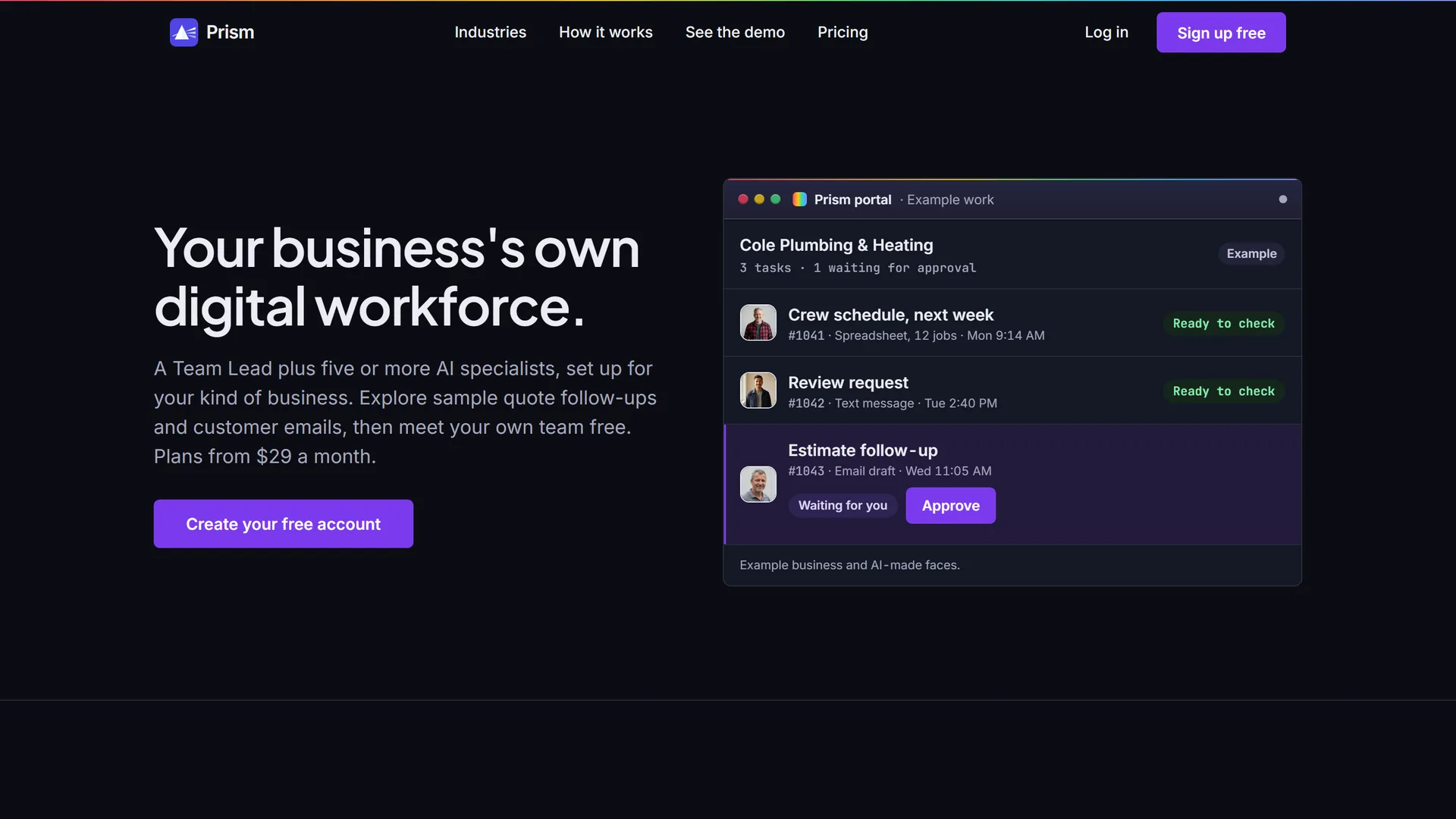 Prism homepage on desktop: “Your business's own digital workforce” beside an example of the Prism portal