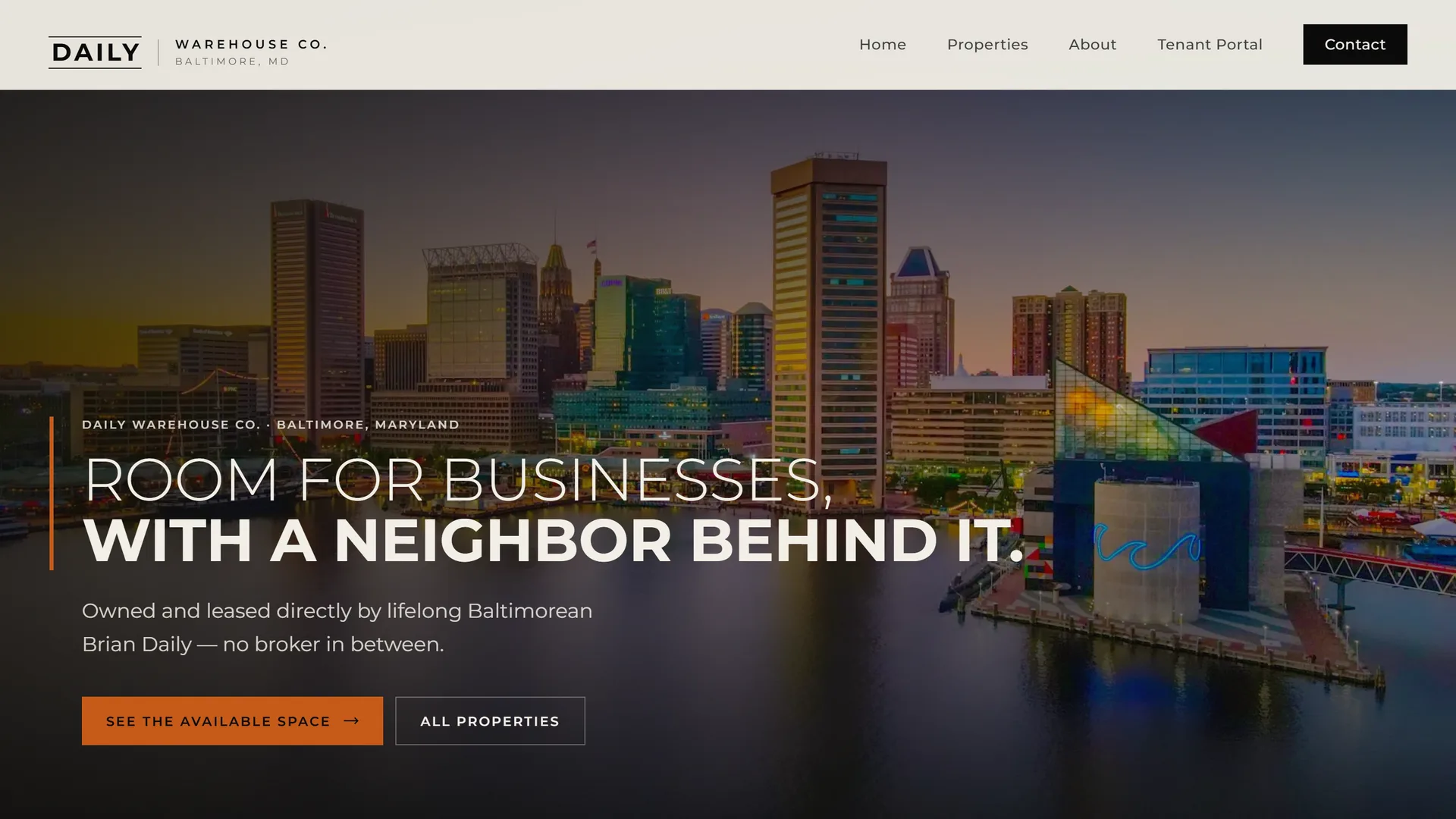 Daily Warehouse Co. homepage on desktop: “Room for businesses, with a neighbor behind it” over the Baltimore skyline