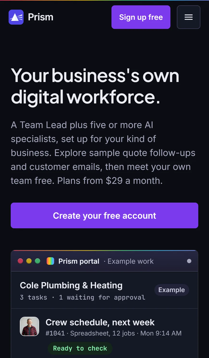 Prism homepage on mobile