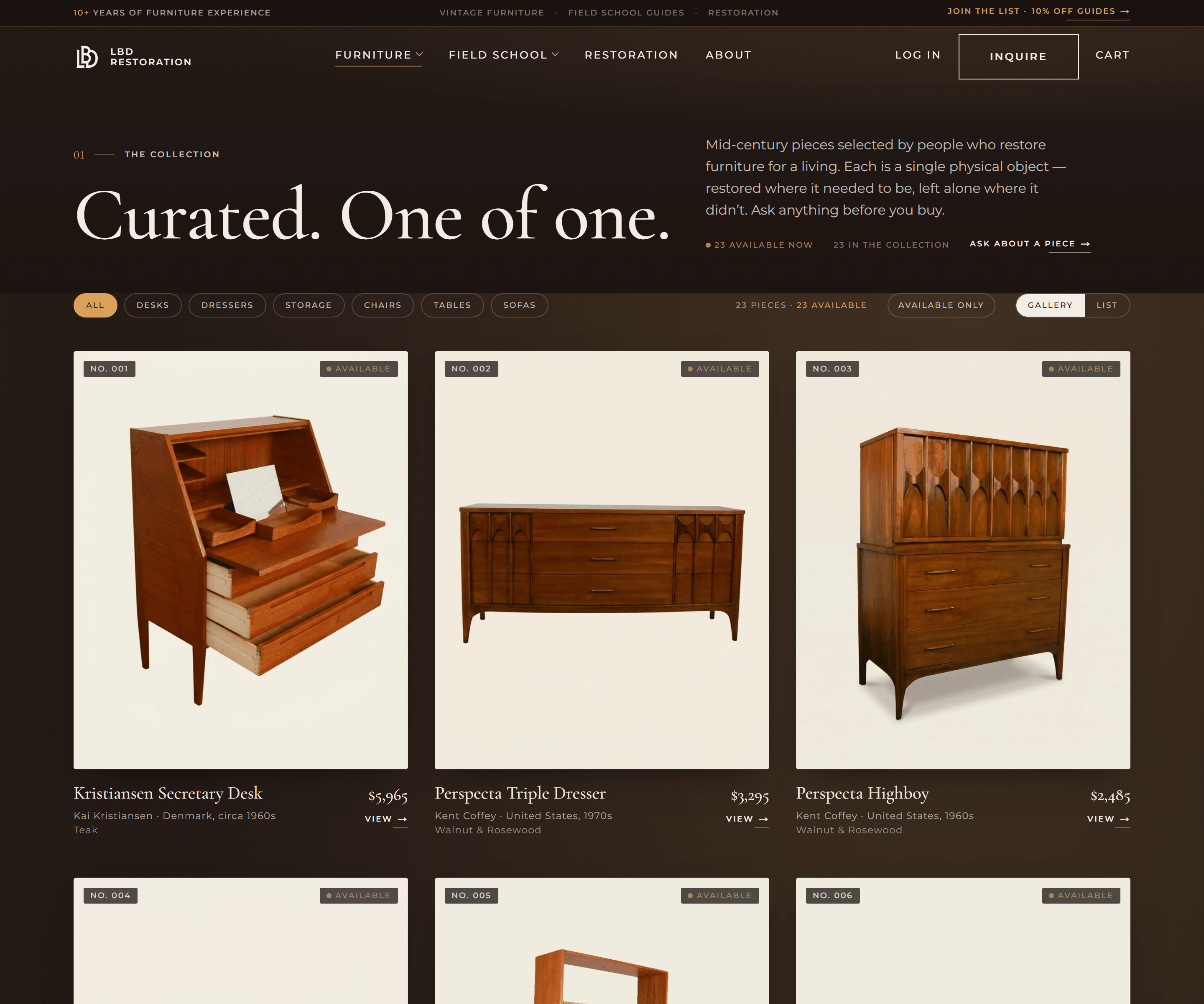 LBD Restoration furniture collection: category filters, availability and one-of-one pieces